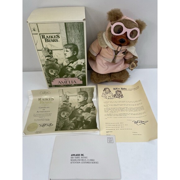 Vintage Robert Raikes Bear Pink Aviator Amelia Earhart Wooden Face Feet Tag NEW - Picture 1 of 11